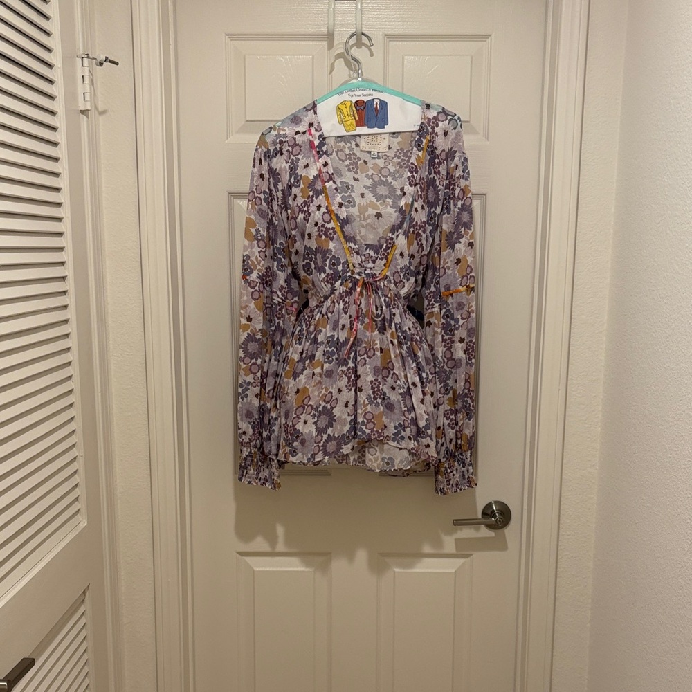 Johnny Was Sheer Floral Blouse - Purple and Yellow